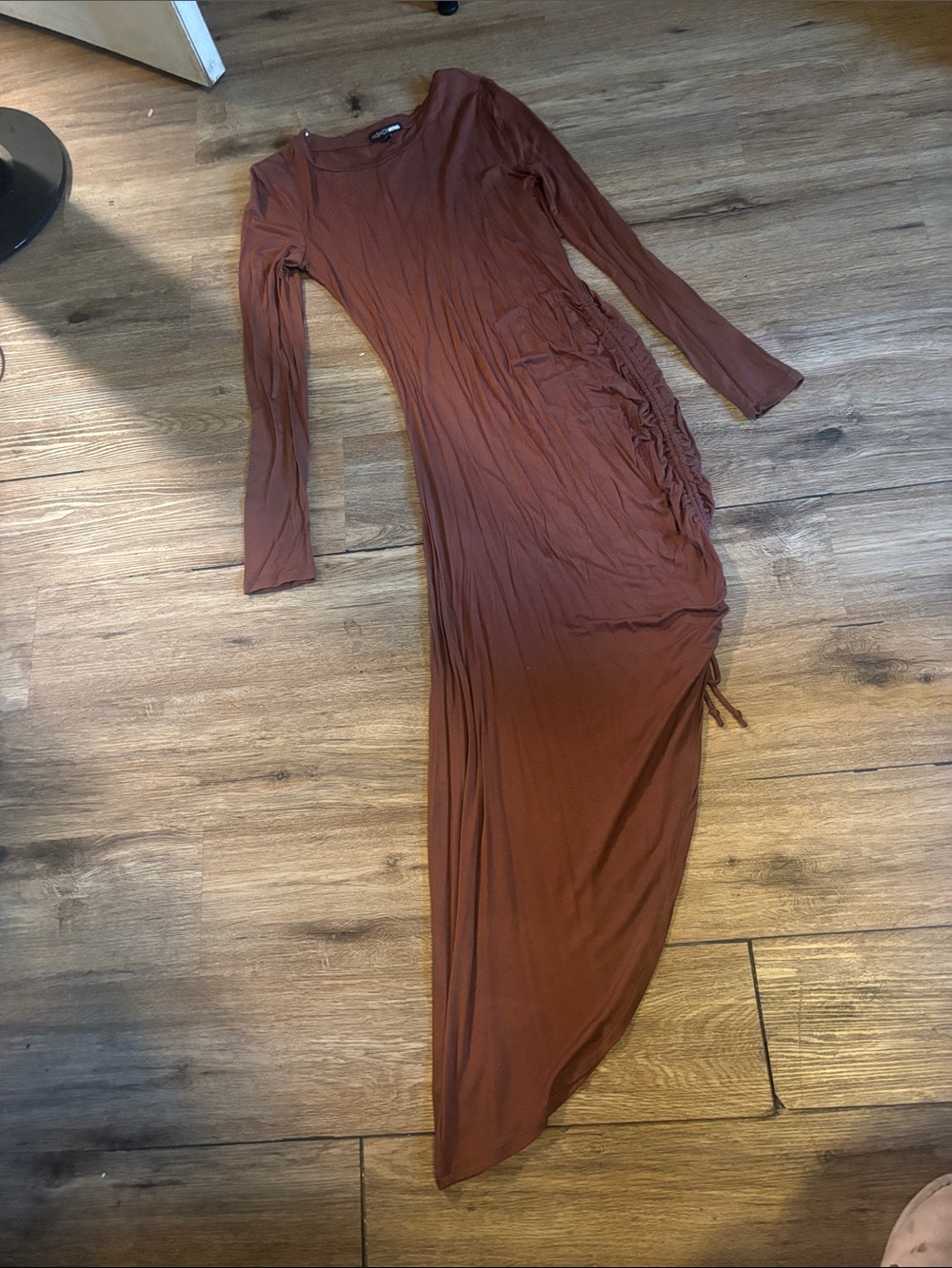 Ruched Side Long Sleeve Maxi Dress in Rust